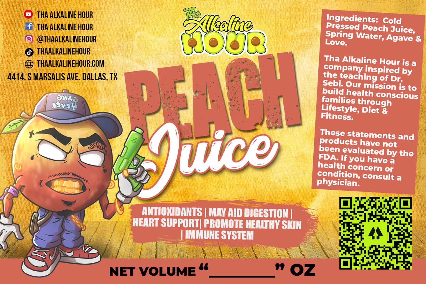 Peach Juice label - Tha Alkaline Hour cold pressed juice