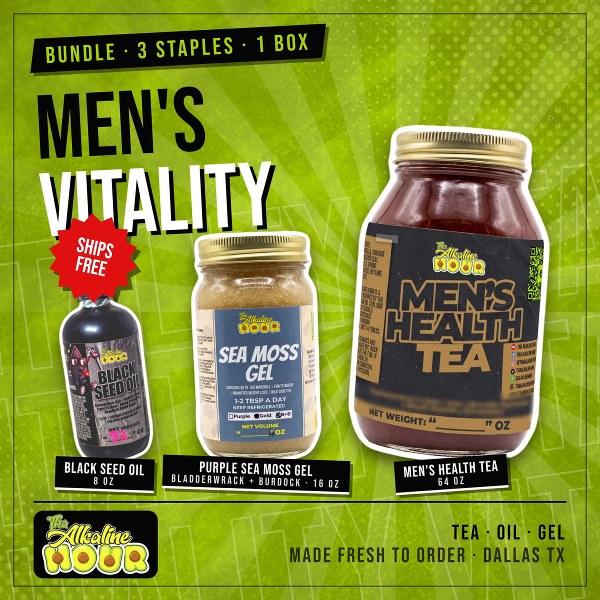 Men's Vitality Bundle: Black Seed Oil 8 oz, Purple Sea Moss Gel with Bladderwrack and Burdock Root 16 oz and Men's Health Tea 64 oz, from Tha Alkaline Hour