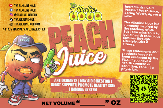 Peach Juice label - Tha Alkaline Hour cold pressed juice