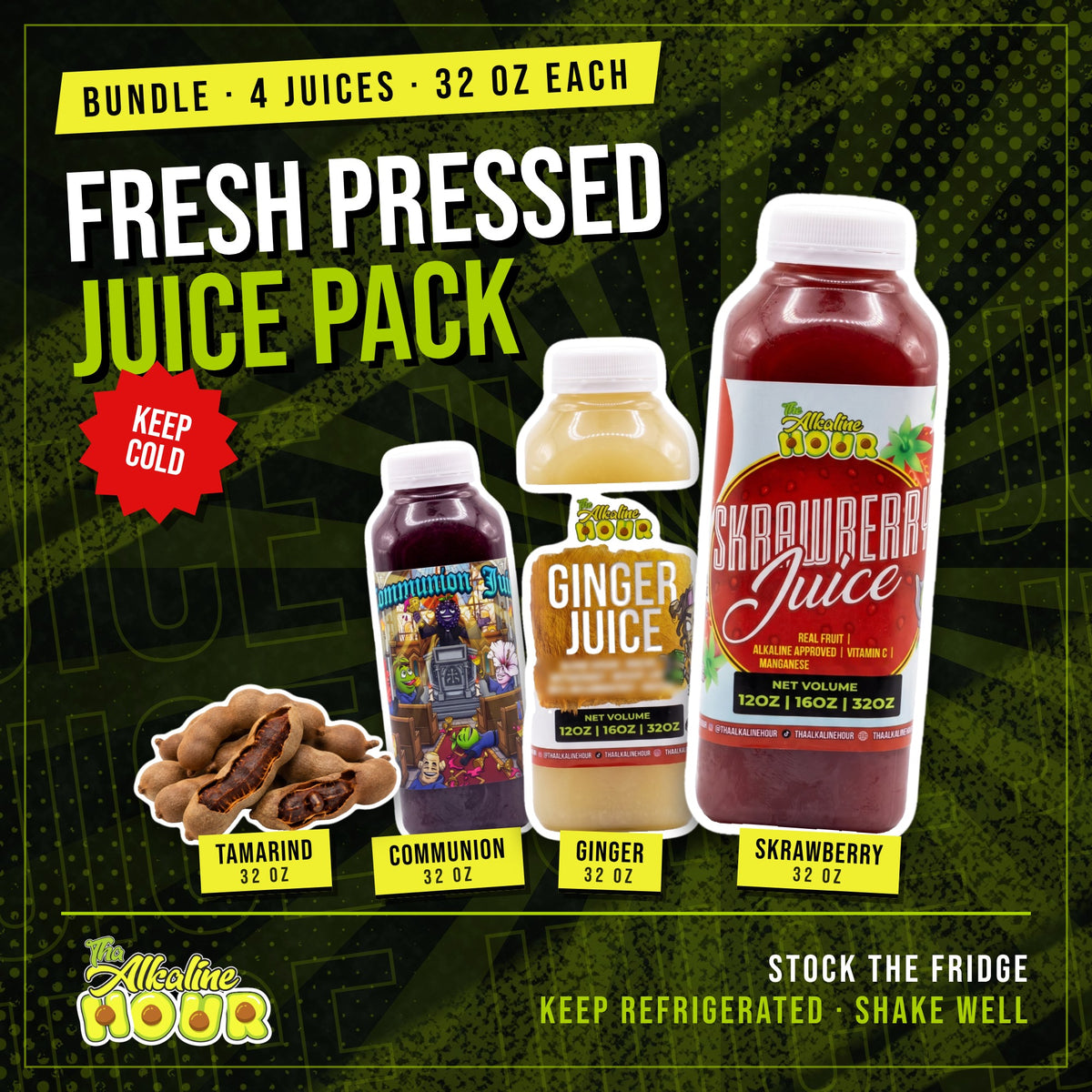 Fresh Pressed Juice Pack: Tamarind, Communion, Ginger and Skrawberry Juice, 32 oz each, from Tha Alkaline Hour