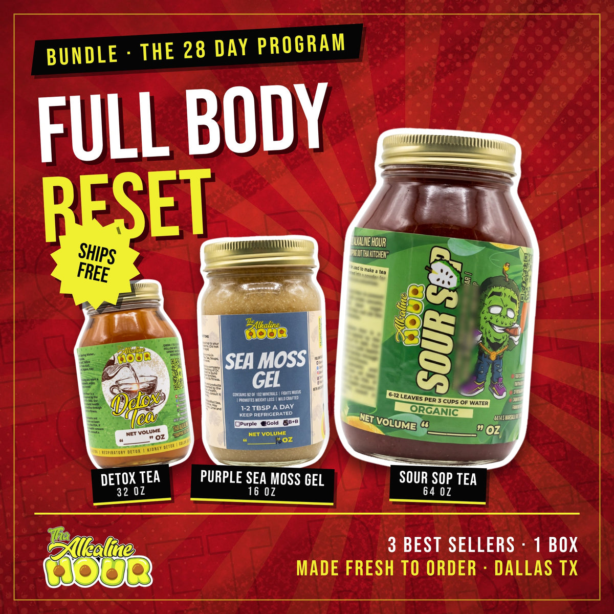 Full Body Reset bundle: Detox Tea 32 oz, Purple Sea Moss Gel 16 oz and Sour Sop Tea 64 oz, from Tha Alkaline Hour