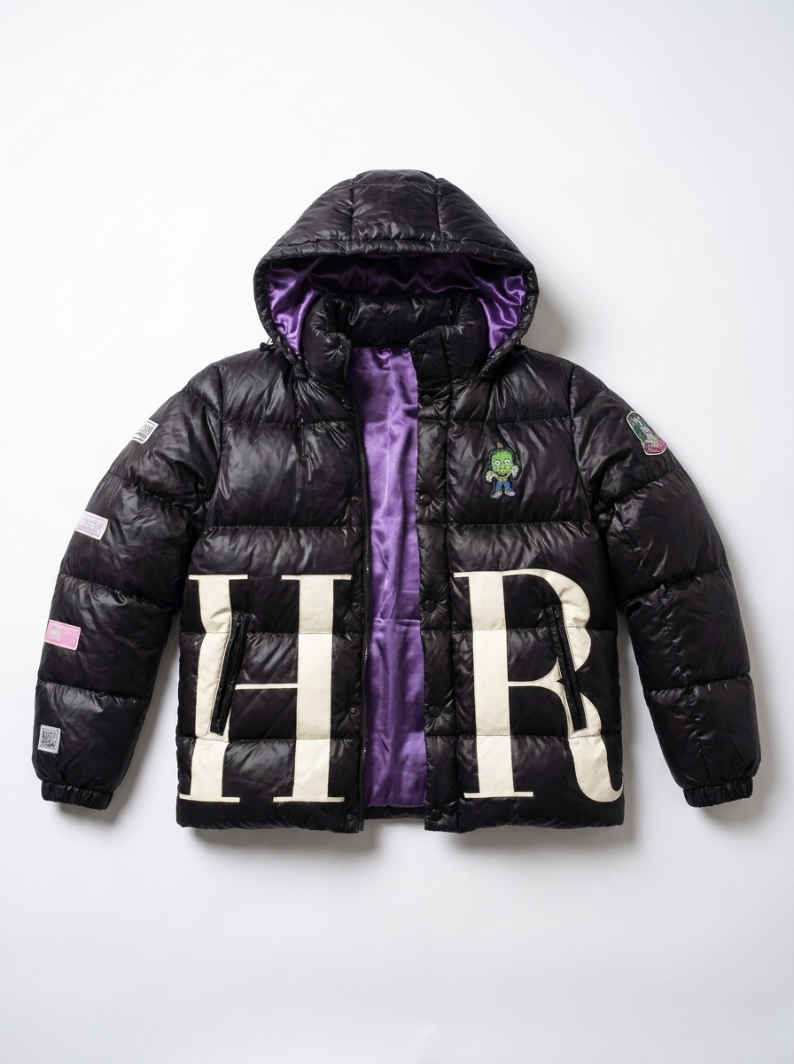 Trap Puffer Coat Guanabana front with hood and purple mulberry silk lining