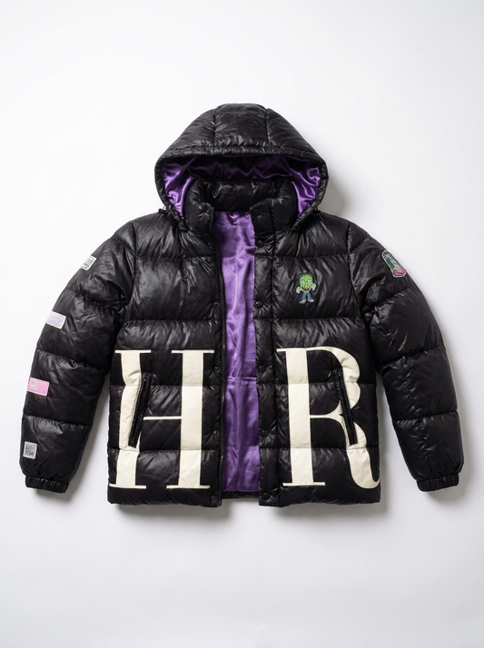 Trap Puffer Coat Guanabana front with hood and purple mulberry silk lining