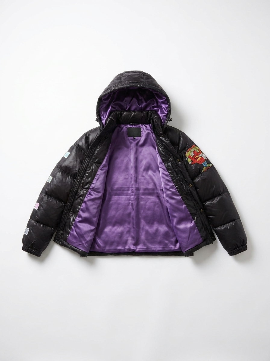 Trap Puffer Coat open showing 100 percent mulberry silk purple interior lining