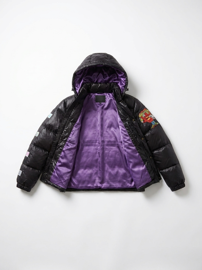 Trap Puffer Coat open showing 100 percent mulberry silk purple interior lining