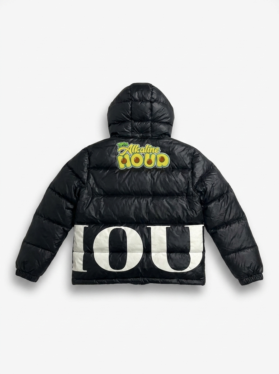 Trap Puffer Coat back with chenille Tha Alkaline Hour logo and lettering