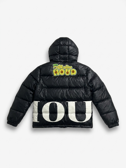 Trap Puffer Coat back with chenille Tha Alkaline Hour logo and lettering
