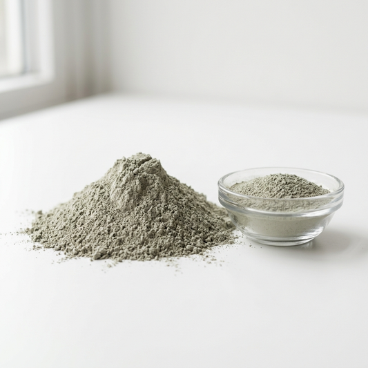 Loose bentonite clay powder, fine grey-green texture, shown on a clean white background — Tha Alkaline Hour