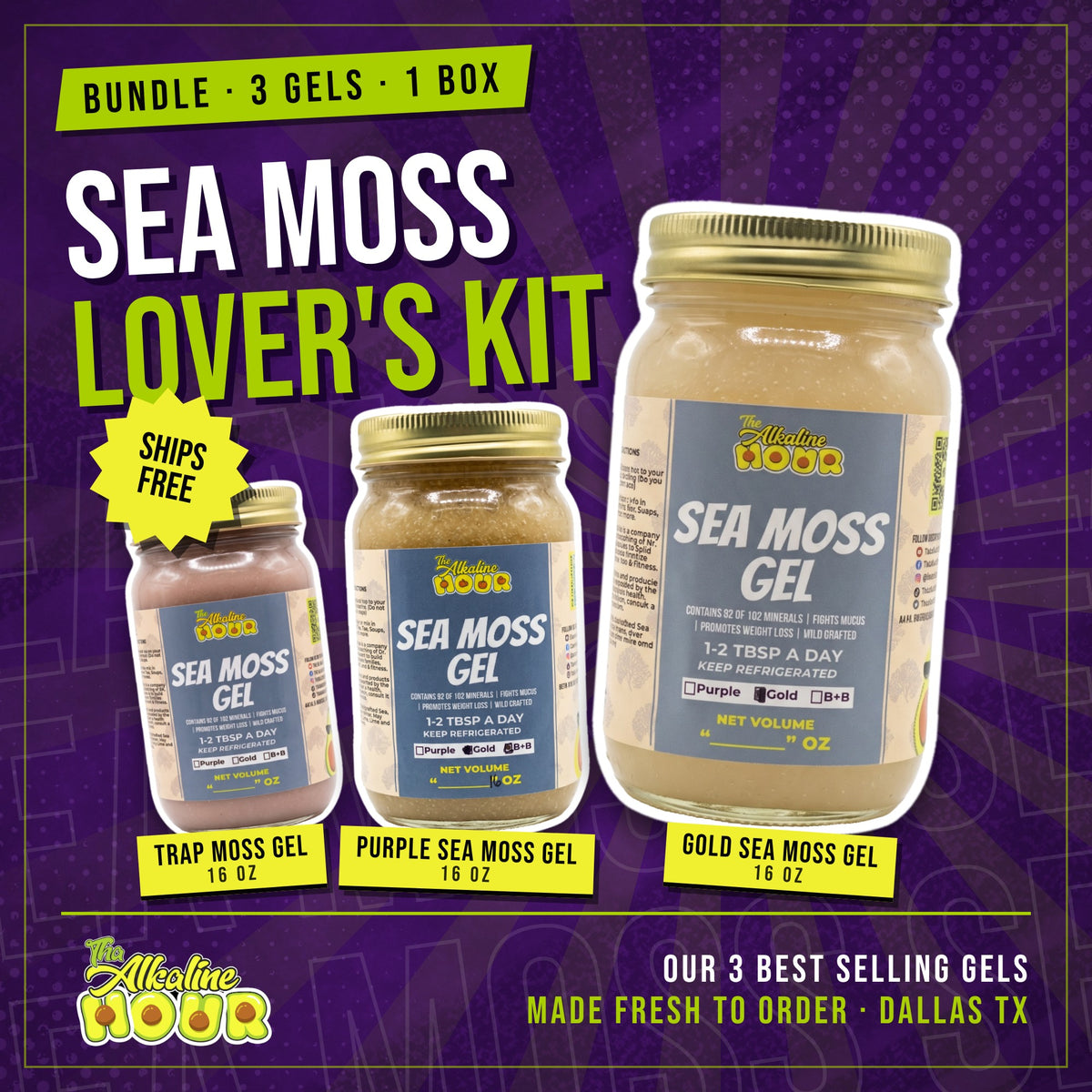 Sea Moss Lover's Kit bundle: Trap Moss Gel, Purple Sea Moss Gel and Gold Sea Moss Gel, 16 oz each, from Tha Alkaline Hour